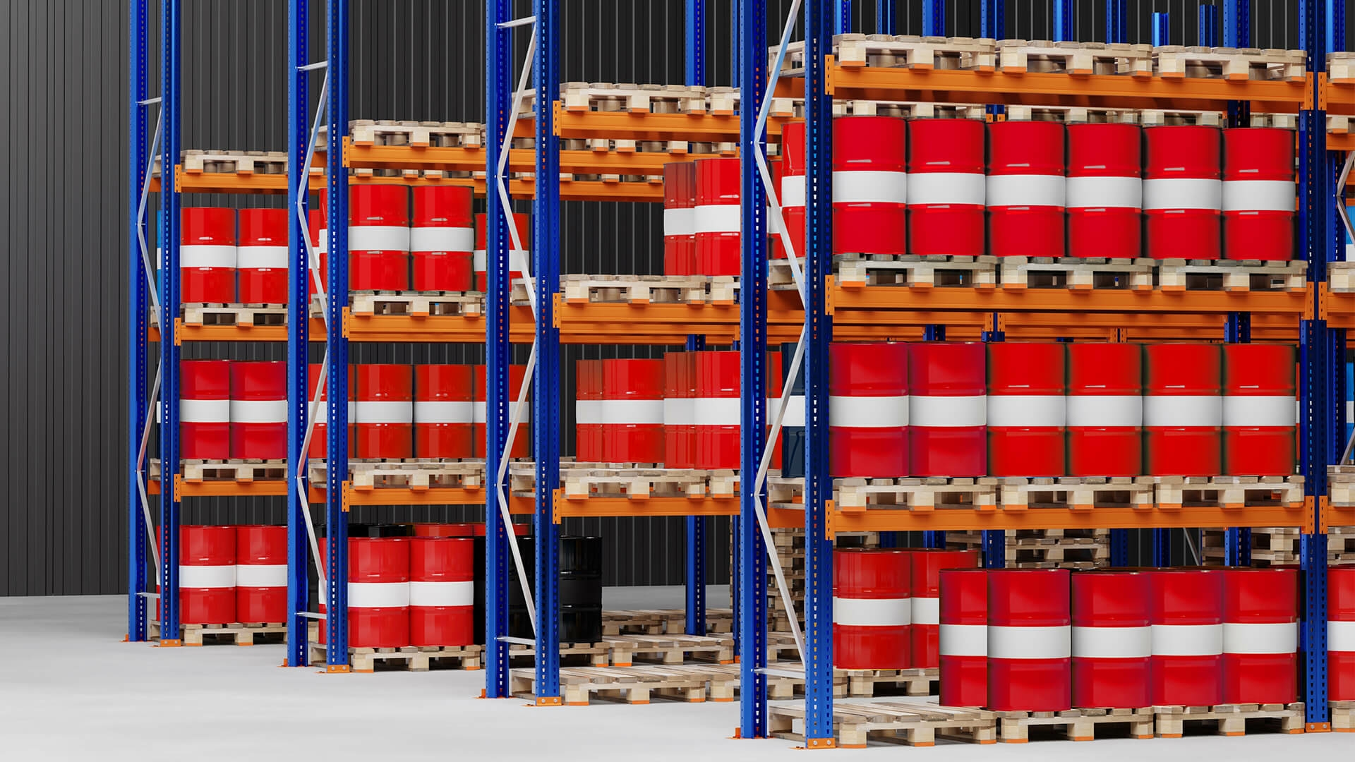 Pallets with barrels in a high-bay warehouse Pallets with barrels in a high-bay warehouse