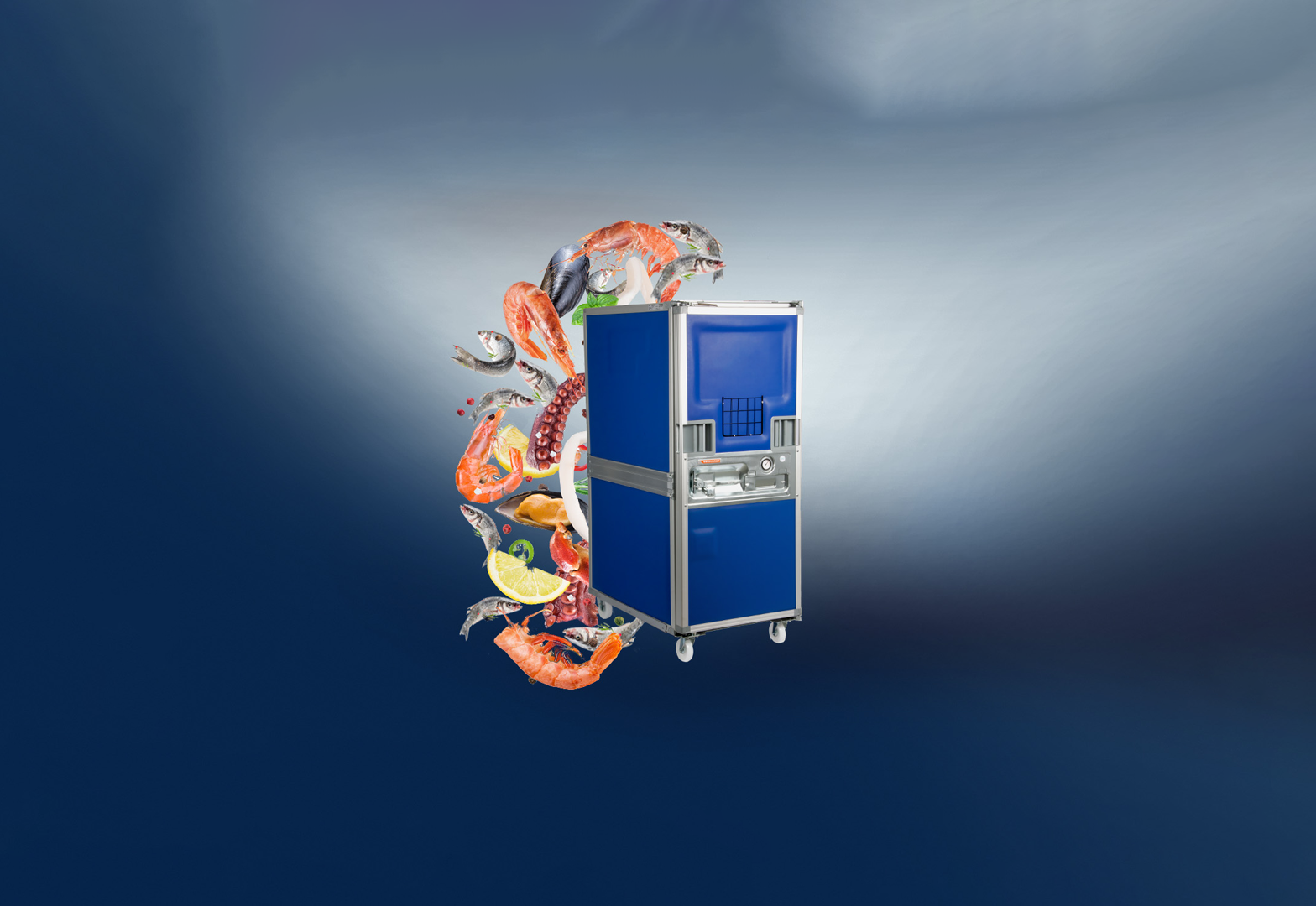 Transportbehälter für Transport von frischem Fisch, Meeresfrüchten und Krustentieren auf dem LKW Transport of fresh fish and seafood without water leakage, water drainage at the back of the container